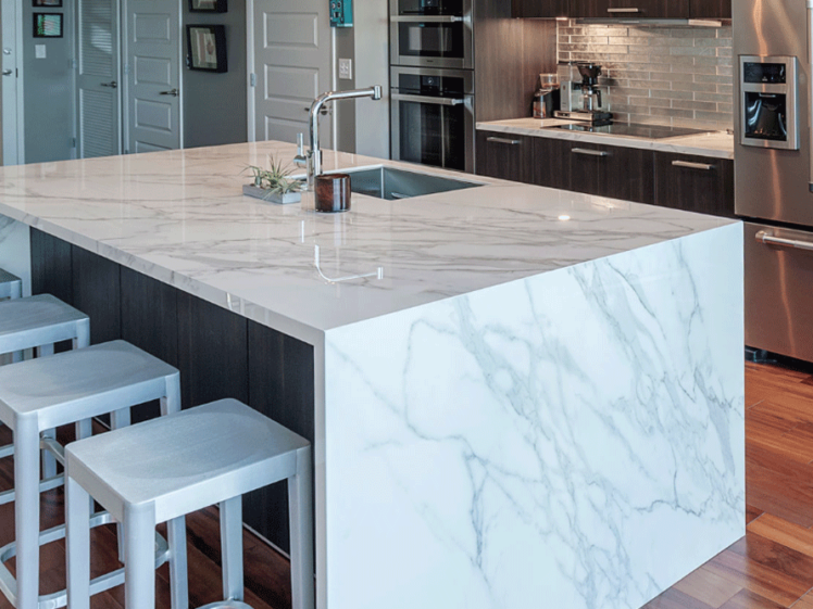 Olive Mill: Neolith Calacatta Countertop with Waterfall Edge