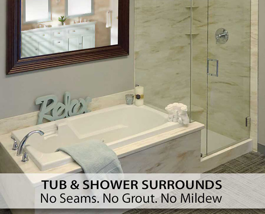 Olive Mill shower surrounds, No Seams, No Grout, No Mildew