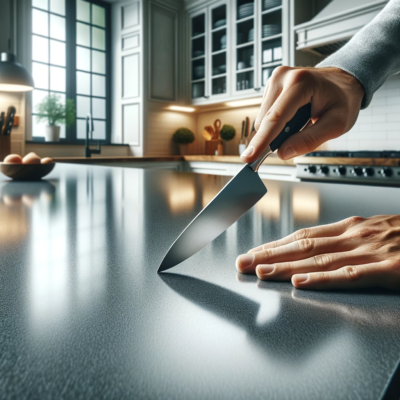 Quartz countertop with a person using a knife on the surface.